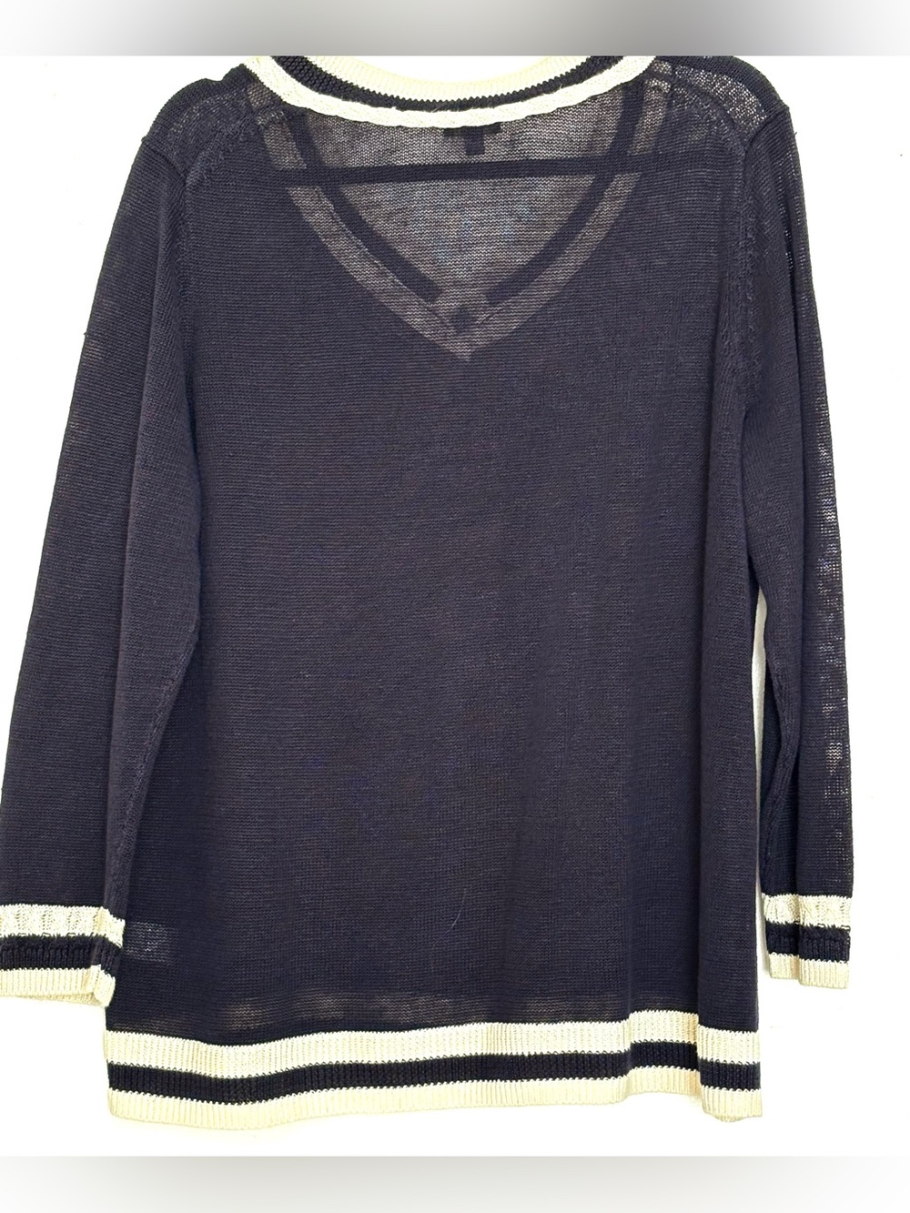 Talbots Linen V-Neck Varsity Sweater Navy Size 1XP 100% Linen - Picture 3 of 5